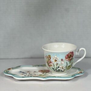 Summer River Floral Snack Set Cup & Plate Aqua Botanical Dragonfly Tea Serving